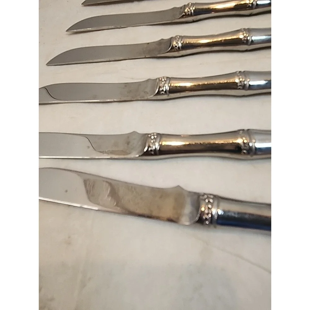 Set Of Six Vintage‎ Stainless Steel Dinner Knives with Faux Bamboo Handles